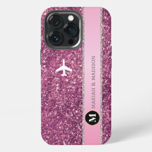 Etui iPhone 13 Pro Élégant avion Pink Silver Parties scintillant mono