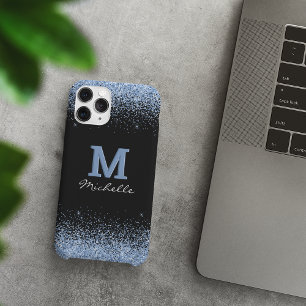 Coque iPhone 12 Elegant Black Monogram Light Blue Glitter