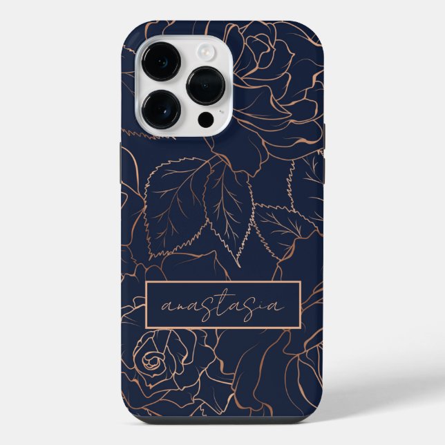 Coque iPhone Élégant bleu or Roses Nom (Verso)