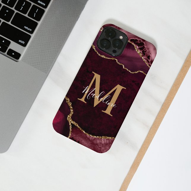 Coque iPhone Élégant Bourgogne Gold Agate Géode Monogramme (Créateur téléchargé)