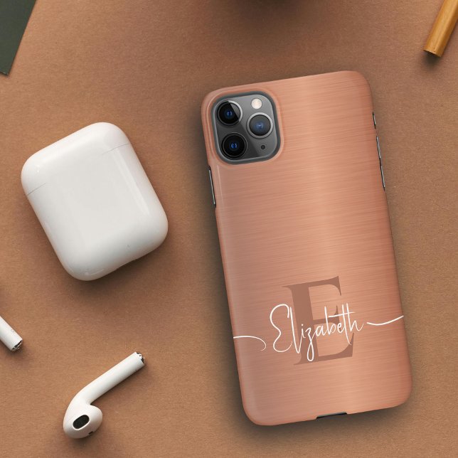 Coque iPhone Élégant Brossé Cuivre Métal Luxe Monogramme (Créateur téléchargé)