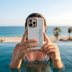 Coque iPhone 16 Pro Max Élégant Crème & Bleu Glacé Minimaliste Nom Personn