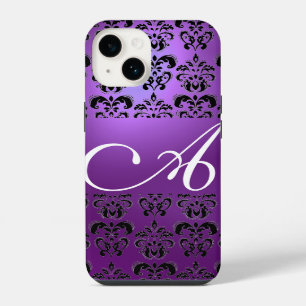 COQUE POUR iPhone 14 ÉLÉGANT DAMAS NOIR VIOLET MONOGRAMME
