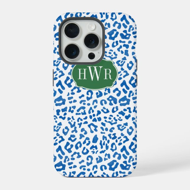Coque iPhone Élégant Empreinte de léopard Bleu Et Blanc Monogra (Verso)