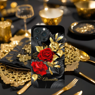 Etui iPhone 13 Pro Max Élégant Exotique Rose Rouge Floral Riche Or Noir