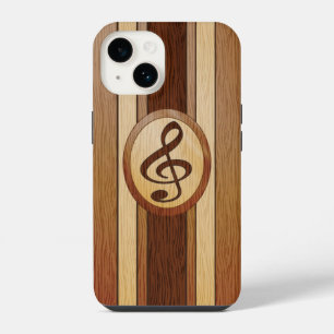 Coque Pour iPhone 14 Élégant Faux Wood Treble Clef Inlay