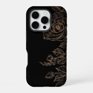 Coque iPhone 16 Pro Élégant floral doré sur fond noir