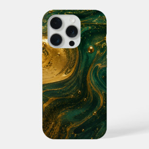 Coque iPhone 15 Pro Élégant Fluid Art iPhone 15 Pro Max Or & Émeraude