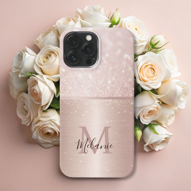 Coque iPhone Élégant glitterie rose or métal glam monogramme (Créateur téléchargé)