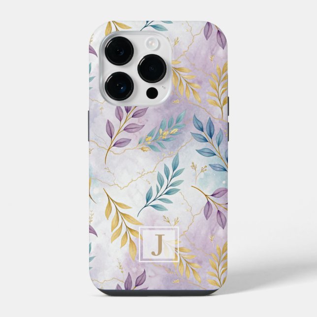 Coque iPhone Elegant Gold Botanical Marble Mongram (Verso)