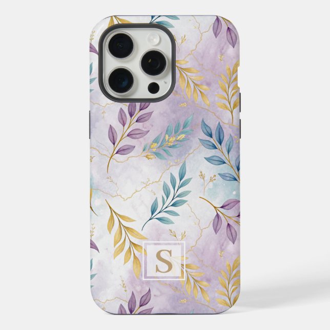 Coque iPhone Elegant Gold Botanical Marble Mongram (Verso)