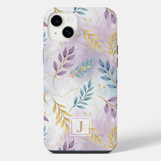 Coque iPhone Elegant Gold Botanical Marble Mongram (Verso)