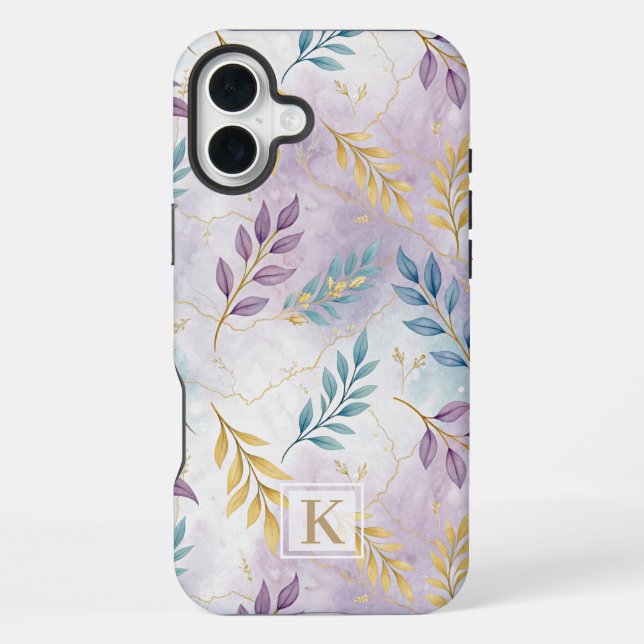 Coque iPhone Elegant Gold Botanical Marble Mongram (Verso)