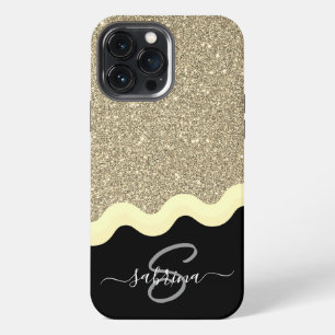 Etui iPhone 13 Pro Max Elegant Gold Wave Parties scintillant Monogramme N