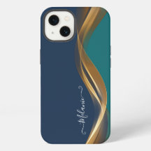 Élégant Gold Waves Blue Turquoise avec nom
