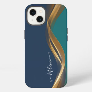 Etui iPhone 13 Élégant Gold Waves Blue Turquoise avec nom
