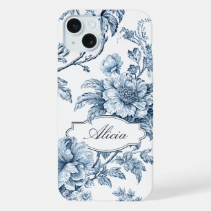 Coque iPhone 15 Plus Élégant Gravé Bleu Floral avec Nom ou Monogramme