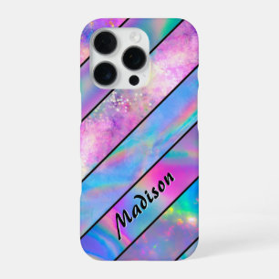 Coque iPhone 16 Pro élégant holographique chic rose rose rayé