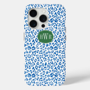 Coque iPhone 15 Pro Élégant imprimé léopard bleu et blanc monogrammé