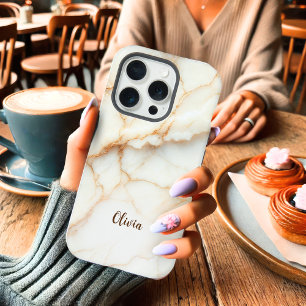Coque iPhone 15 Pro Élégant marbre blanc et or Personnalisé iPhone