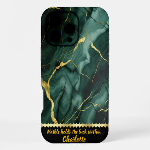 Coque iPhone 16 Pro Max Elégant marbre vert avec design veineux doré
