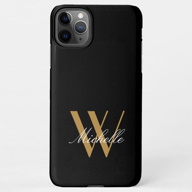 Coque iPhone Élégant Monogramme Black Gold Nom Script (Dos)