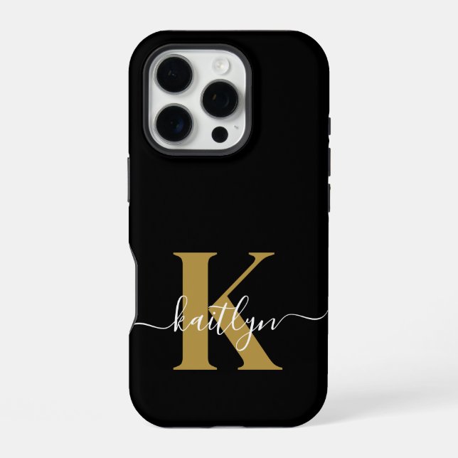 Coque iPhone Élégant Monogramme Black Gold Script (Verso)