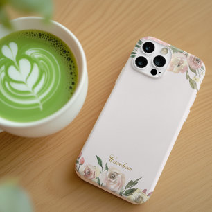 Coque Pour iPhone 14 Elégant Monogramme Doré Fleur de Pivoine Rose Tend