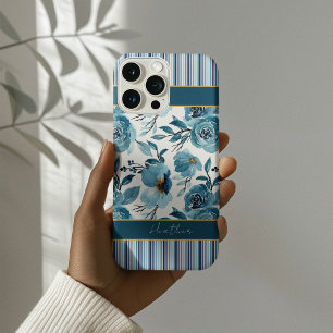 Coque iPhone 16 Pro Max Élégant Monogramme Fleur Bleu Poussiéreux avec Ray