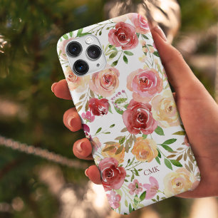 Coque Pour iPhone 14 Élégant monogramme floral de l'aquarelle de Pêche