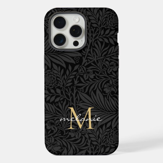 Coque iPhone Élégant Monogramme Floral Or Noir (Verso)