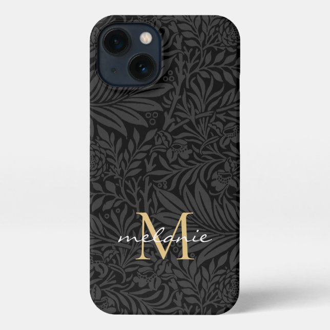 Coque iPhone Élégant Monogramme Floral Or Noir (Verso)
