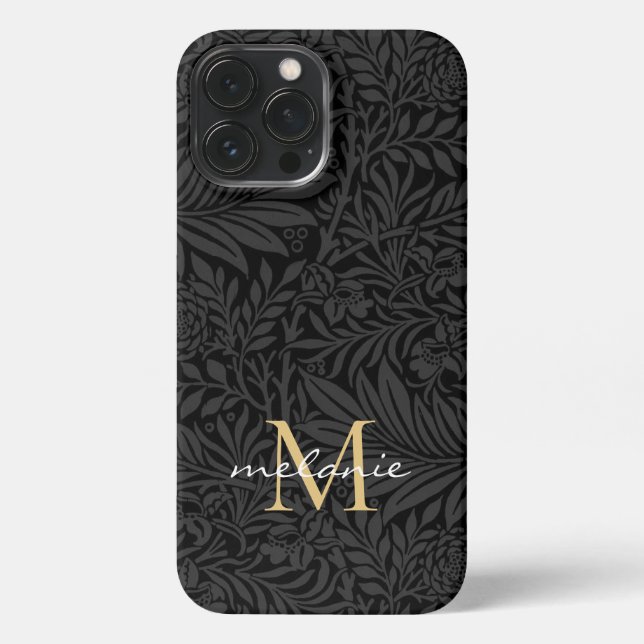 Coque iPhone Élégant Monogramme Floral Or Noir (Verso)