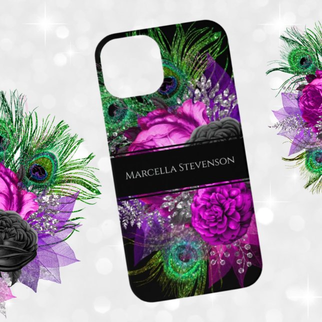 Coque iPhone Élégant Monogramme Floral Peacock Parties scintill (Créateur téléchargé)