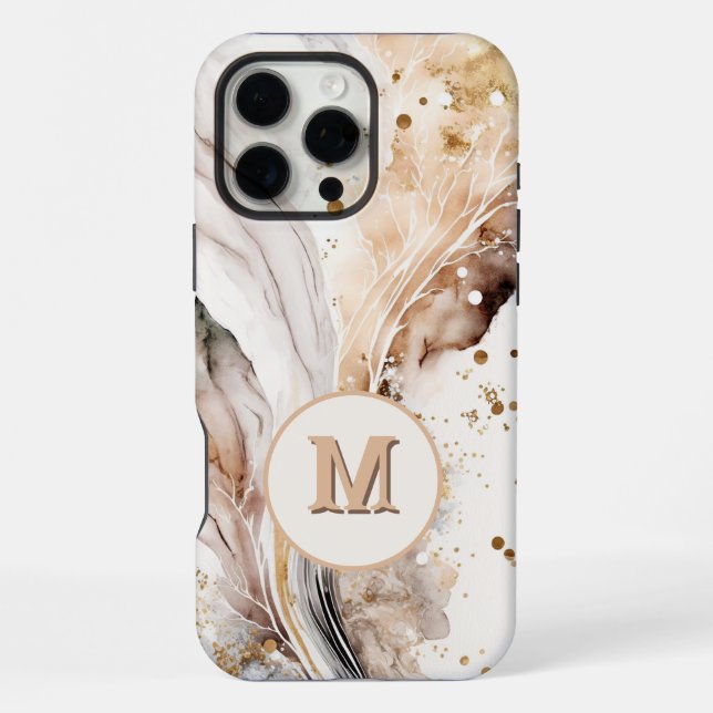 Coque iPhone Élégant Monogramme Marbre Brun Or Design Abstrait (Verso)