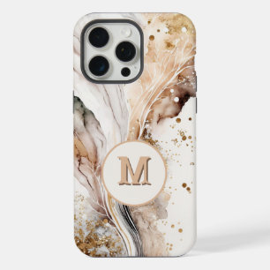 Coque iPhone 15 Pro Max Élégant Monogramme Marbre Brun Or Design Abstrait