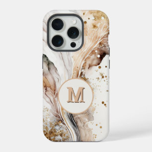 Coque iPhone 15 Pro Élégant Monogramme Marbre Brun Or Design Abstrait