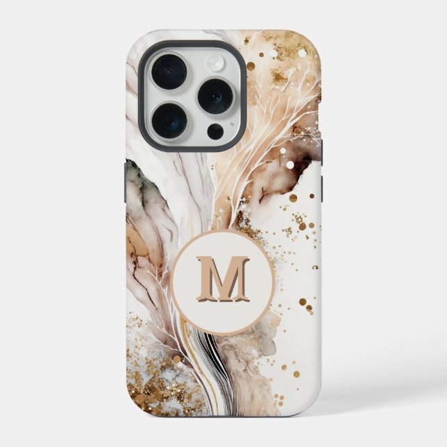 Coque iPhone Élégant Monogramme Marbre Brun Or Design Abstrait (Verso)