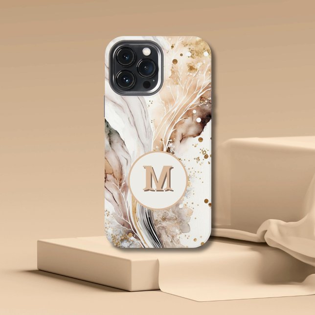 Coque iPhone Élégant Monogramme Marbre Brun Or Design Abstrait (Créateur téléchargé)