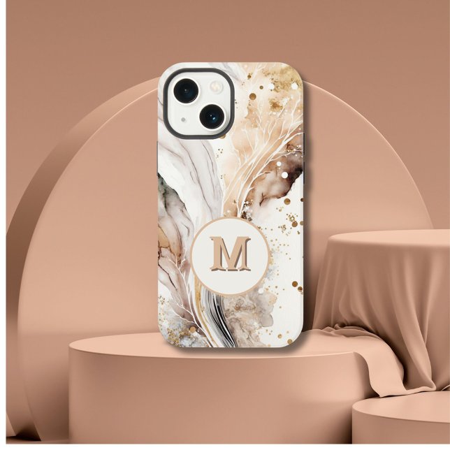Coque iPhone Élégant Monogramme Marbre Brun Or Design Abstrait (Créateur téléchargé)