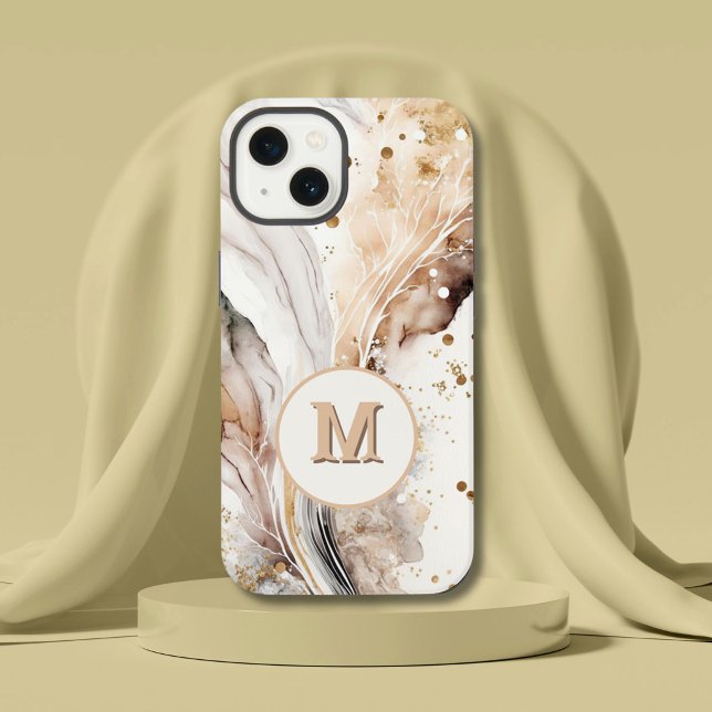 Coque iPhone Élégant Monogramme Marbre Brun Or Design Abstrait (Créateur téléchargé)