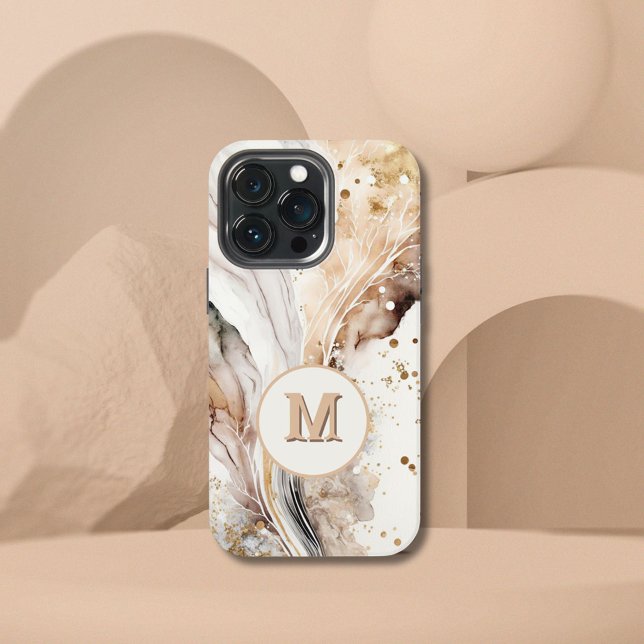 Coque iPhone Élégant Monogramme Marbre Brun Or Design Abstrait (Créateur téléchargé)