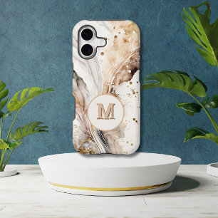 Coque iPhone 16 Plus Élégant Monogramme Marbre Brun Or Design Abstrait