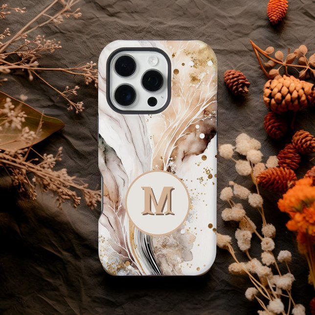 Coque iPhone Élégant Monogramme Marbre Brun Or Design Abstrait (Créateur téléchargé)