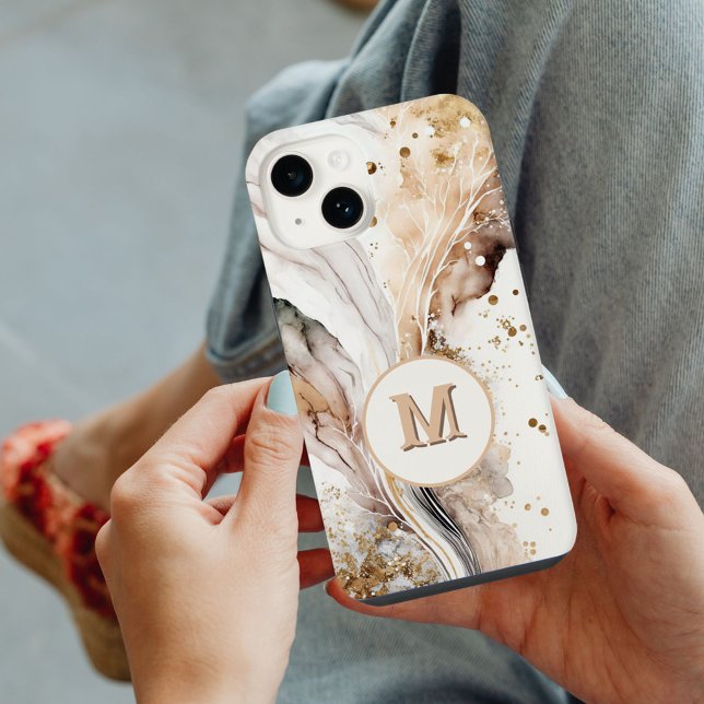 Coque iPhone Élégant Monogramme Marbre Brun Or Design Abstrait (Créateur téléchargé)