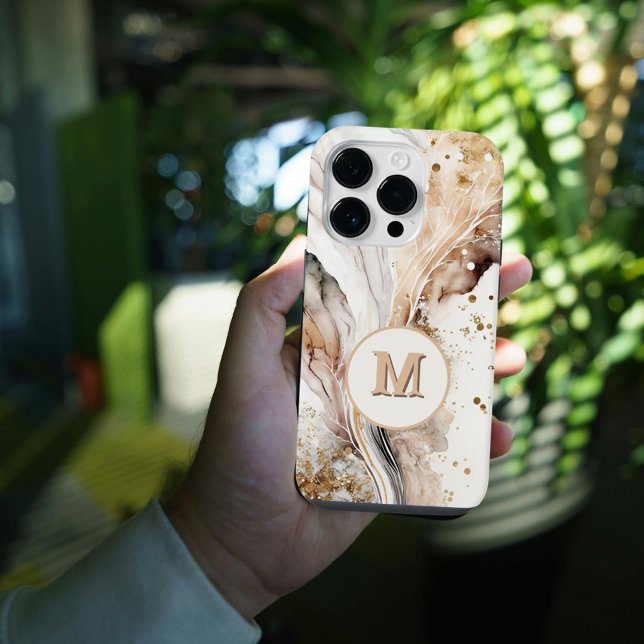 Coque iPhone Élégant Monogramme Marbre Brun Or Design Abstrait (Créateur téléchargé)