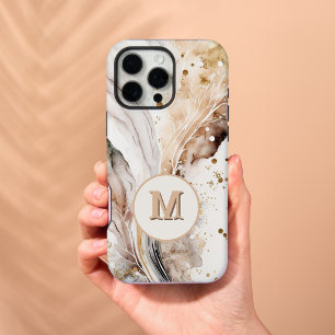 Coque iPhone 15 Pro Max Élégant Monogramme Marbre Brun Or Design Abstrait