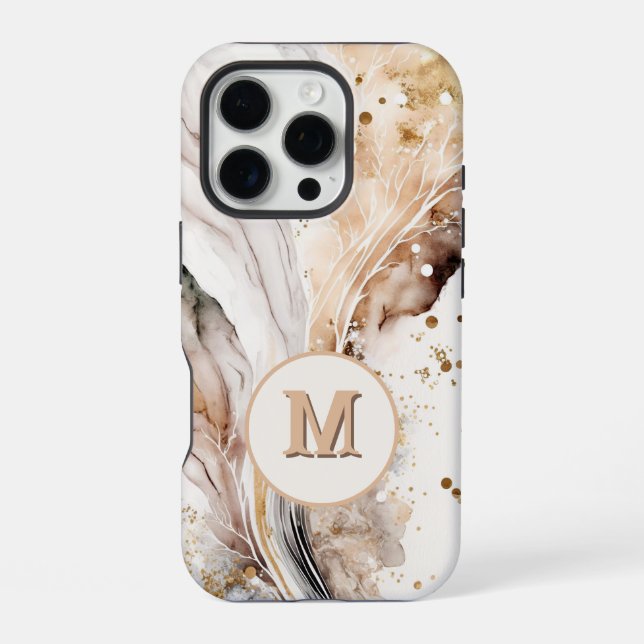Coque iPhone Élégant Monogramme Marbre Brun Or Design Abstrait (Verso)