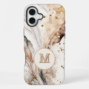 Coque iPhone 16 Plus Élégant Monogramme Marbre Brun Or Design Abstrait