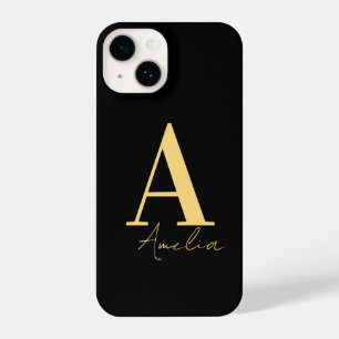 Coque Pour iPhone 14 Élégant Monogramme moderne Black Gold